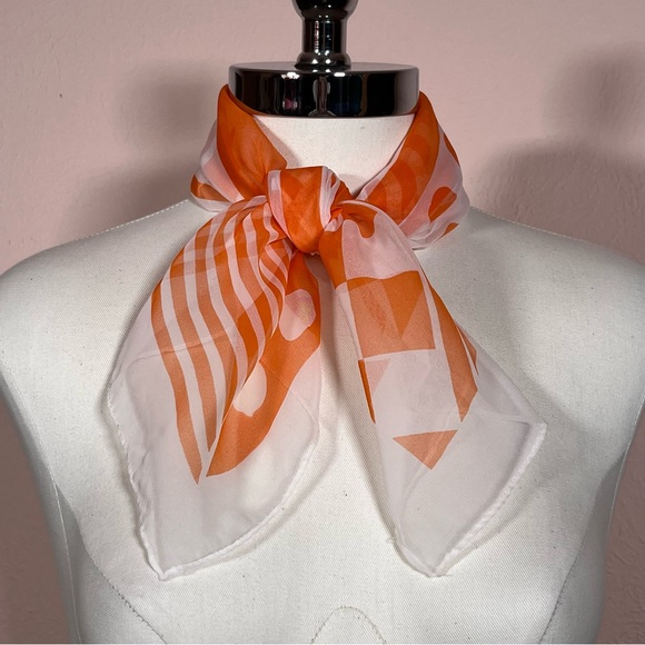 Vintage 60 70 Mod Geometric Orange White Semi Sheer Neck Scarf - Picture 10 of 17